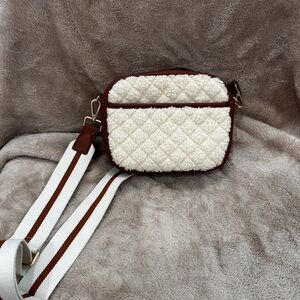 Fuzzy white & brown purse w/ strap